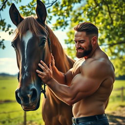 A strong and muscular man interacting gently with a majestic horse in a serene countryside setting