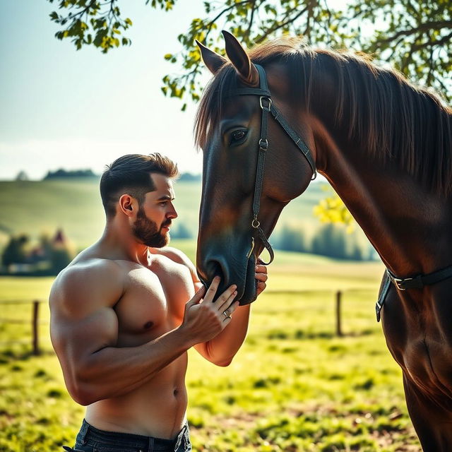 A strong and muscular man interacting gently with a majestic horse in a serene countryside setting