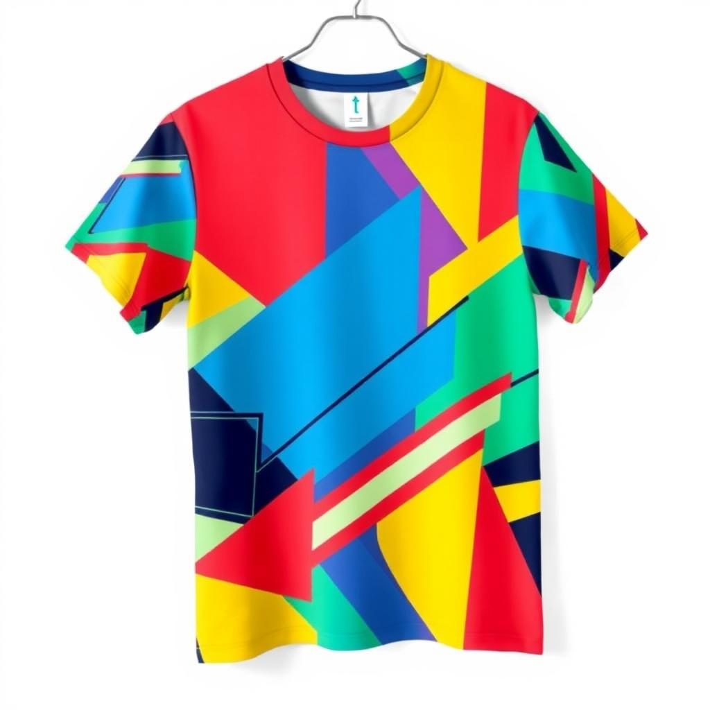 A stylish and modern t-shirt design featuring a vibrant geometric pattern in a variety of bold colors including red, blue, green, and yellow