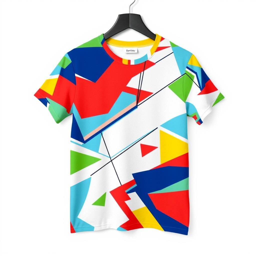 A stylish and modern t-shirt design featuring a vibrant geometric pattern in a variety of bold colors including red, blue, green, and yellow