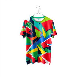 A stylish and modern t-shirt design featuring a vibrant geometric pattern in a variety of bold colors including red, blue, green, and yellow