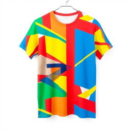 A stylish and modern t-shirt design featuring a vibrant geometric pattern in a variety of bold colors including red, blue, green, and yellow