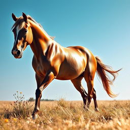 A stunning and muscular horse exuding elegance and beauty, posed majestically on a sunlit open field