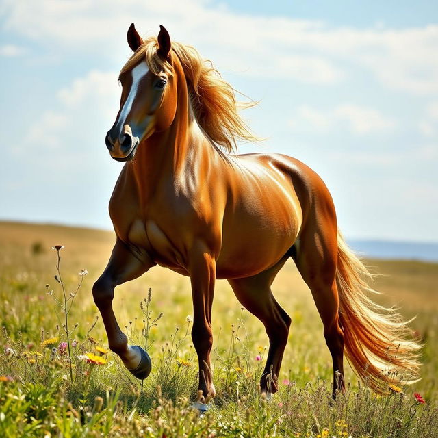 A stunning and muscular horse exuding elegance and beauty, posed majestically on a sunlit open field