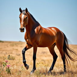 A stunning and muscular horse exuding elegance and beauty, posed majestically on a sunlit open field