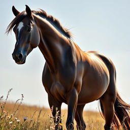 A stunning and muscular horse exuding elegance and beauty, posed majestically on a sunlit open field