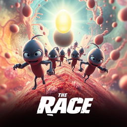 An imaginative and dynamic action movie poster titled 'The Race', featuring animated sperm cells depicted as heroic characters, racing through a vibrant and colorful microscopic environment towards a glowing egg at the top of the poster