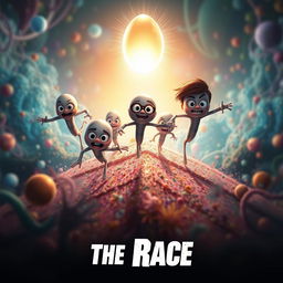 An imaginative and dynamic action movie poster titled 'The Race', featuring animated sperm cells depicted as heroic characters, racing through a vibrant and colorful microscopic environment towards a glowing egg at the top of the poster