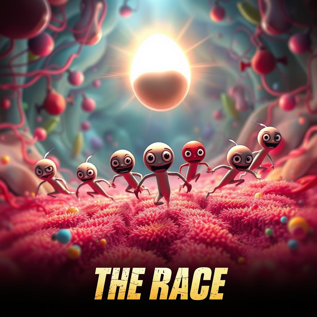 An imaginative and dynamic action movie poster titled 'The Race', featuring animated sperm cells depicted as heroic characters, racing through a vibrant and colorful microscopic environment towards a glowing egg at the top of the poster