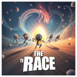 An engaging and educational action movie poster titled 'The Race', showcasing an exciting representation of the reproductive system where animated sperm cells are racing energetically towards a large, glowing egg