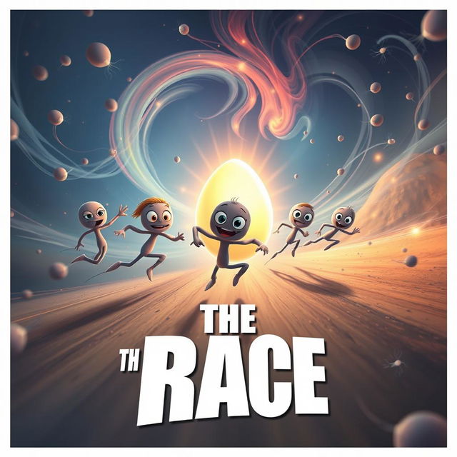 An engaging and educational action movie poster titled 'The Race', showcasing an exciting representation of the reproductive system where animated sperm cells are racing energetically towards a large, glowing egg