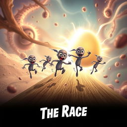 An engaging and educational action movie poster titled 'The Race', showcasing an exciting representation of the reproductive system where animated sperm cells are racing energetically towards a large, glowing egg