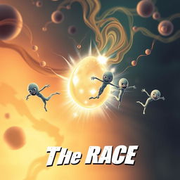 An engaging and educational action movie poster titled 'The Race', showcasing an exciting representation of the reproductive system where animated sperm cells are racing energetically towards a large, glowing egg