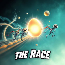 An engaging and educational action movie poster titled 'The Race', showcasing an exciting representation of the reproductive system where animated sperm cells are racing energetically towards a large, glowing egg