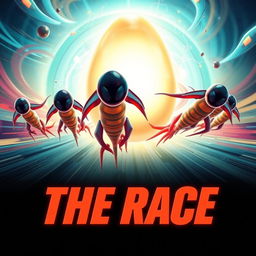 An exciting action movie poster titled 'The Race', featuring non-humanoid sperm cells designed with sleek, aerodynamic shapes, racing energetically towards a glowing, oversized egg