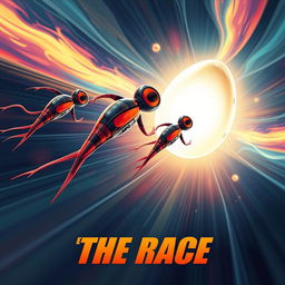 An exciting action movie poster titled 'The Race', featuring non-humanoid sperm cells designed with sleek, aerodynamic shapes, racing energetically towards a glowing, oversized egg