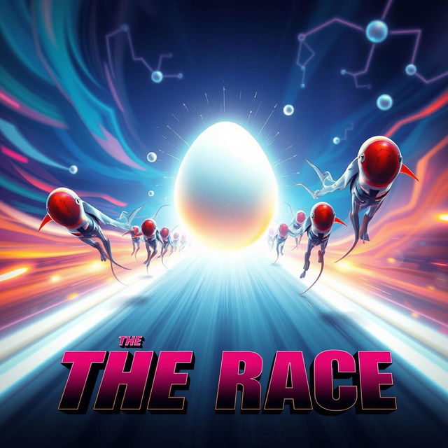 An exciting action movie poster titled 'The Race', featuring non-humanoid sperm cells designed with sleek, aerodynamic shapes, racing energetically towards a glowing, oversized egg