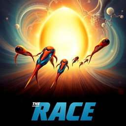 An exciting action movie poster titled 'The Race', featuring non-humanoid sperm cells designed with sleek, aerodynamic shapes, racing energetically towards a glowing, oversized egg