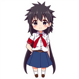 Anime character design of a girl with long spiky black hair and deep black eyes, dressed in a classic white shirt with a red necktie