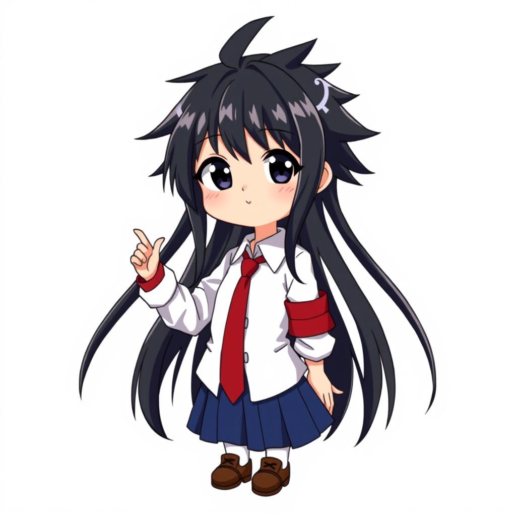 Anime character design of a girl with long spiky black hair and deep black eyes, dressed in a classic white shirt with a red necktie