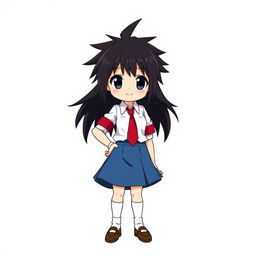 Anime character design of a girl with long spiky black hair and deep black eyes, dressed in a classic white shirt with a red necktie