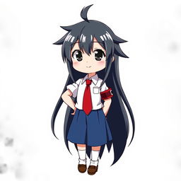 Anime character design of a girl with long spiky black hair and deep black eyes, dressed in a classic white shirt with a red necktie