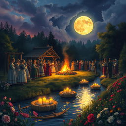 A vibrant celebration of Ivan Kupala, depicting a magical night filled with traditional Slavic rituals