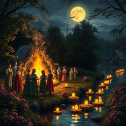 A vibrant celebration of Ivan Kupala, depicting a magical night filled with traditional Slavic rituals