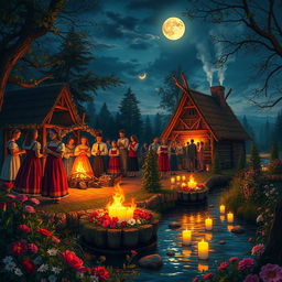 A vibrant celebration of Ivan Kupala, depicting a magical night filled with traditional Slavic rituals