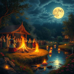 A vibrant celebration of Ivan Kupala, depicting a magical night filled with traditional Slavic rituals