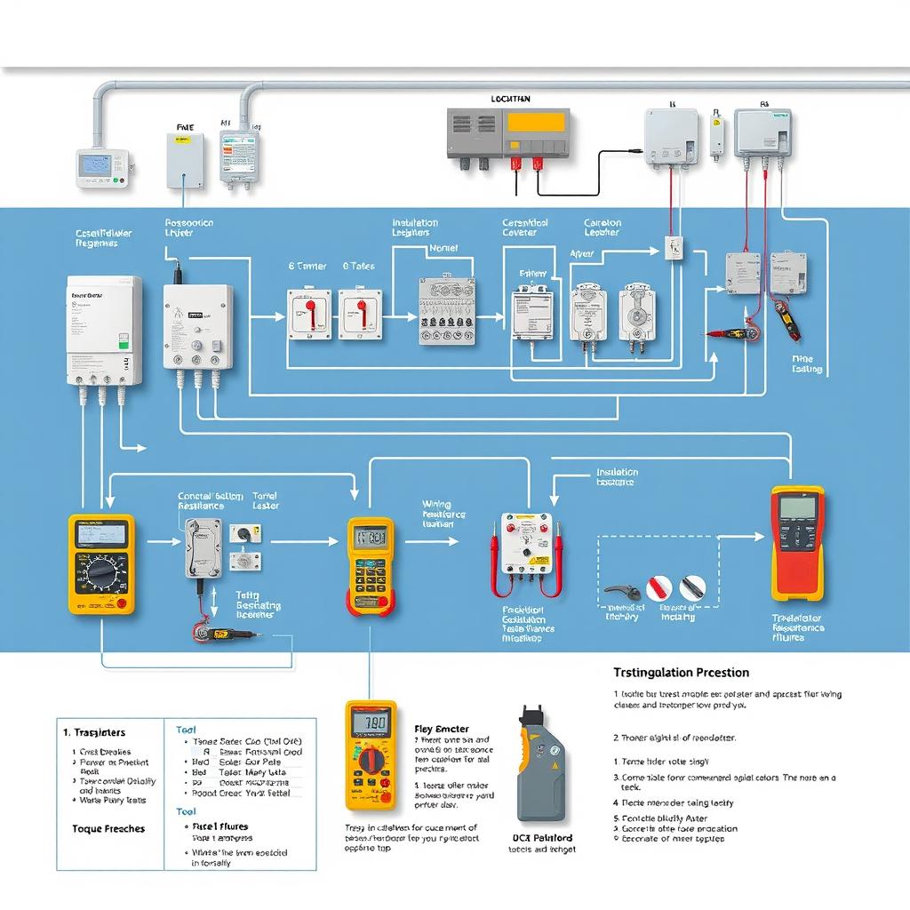 A detailed and organized schematic diagram showcasing a testing procedure for mechanical and electrical installations