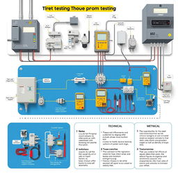 A detailed and organized schematic diagram showcasing a testing procedure for mechanical and electrical installations