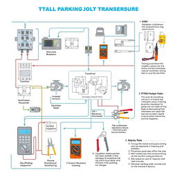 A detailed and organized schematic diagram showcasing a testing procedure for mechanical and electrical installations