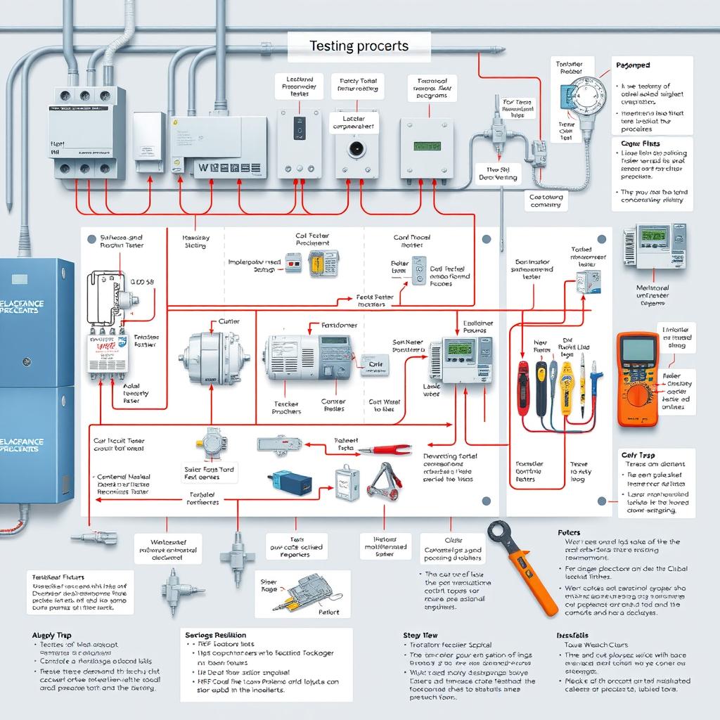 A detailed and organized schematic diagram showcasing a testing procedure for mechanical and electrical installations