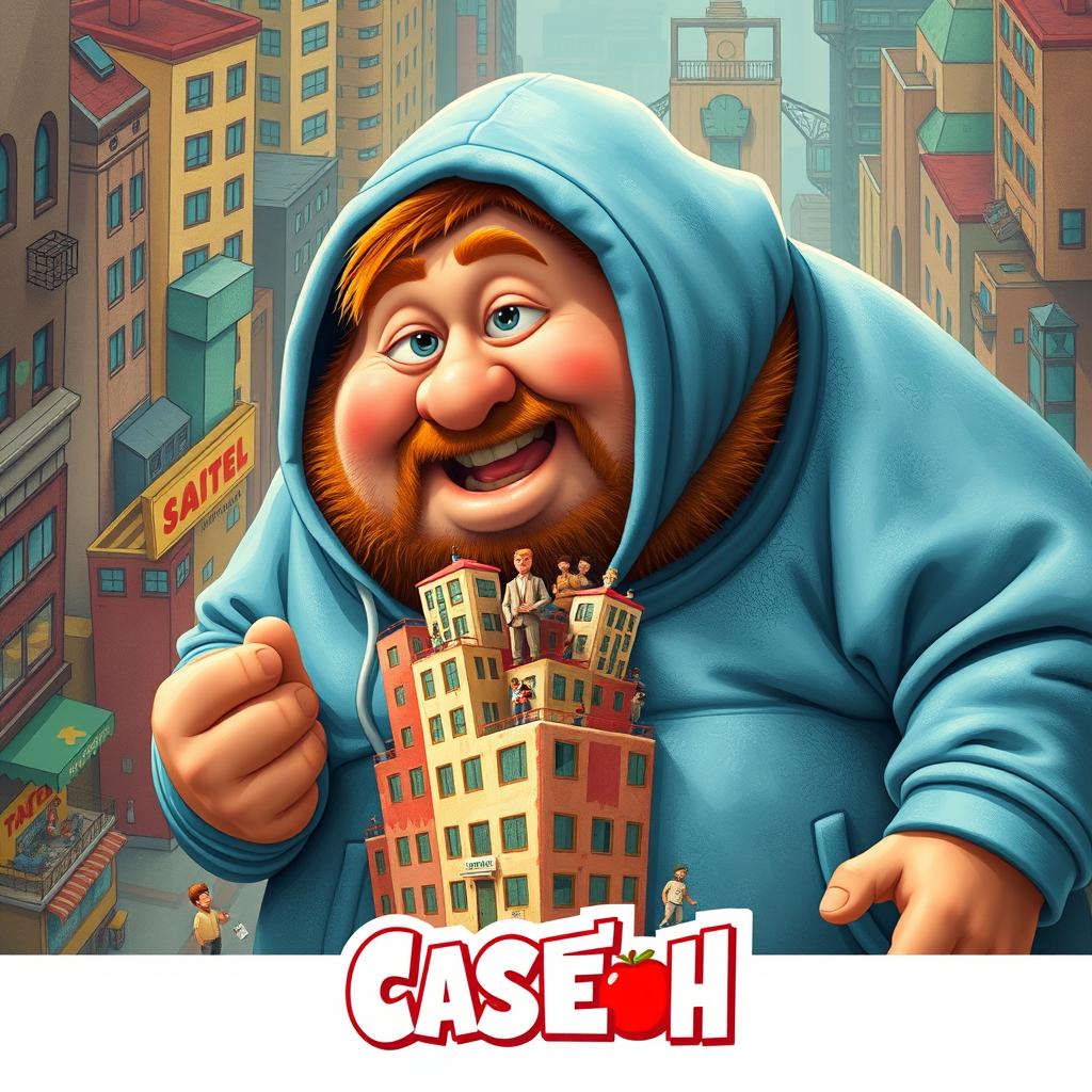 A whimsical and exaggerated movie poster titled 'Caseoh', featuring a large, rotund ginger man wearing a washed-out blue hoodie