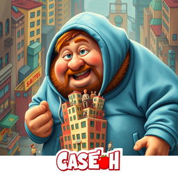 A whimsical and exaggerated movie poster titled 'Caseoh', featuring a large, rotund ginger man wearing a washed-out blue hoodie