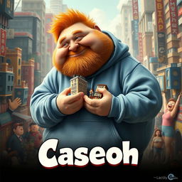 A whimsical and exaggerated movie poster titled 'Caseoh', featuring a large, rotund ginger man wearing a washed-out blue hoodie