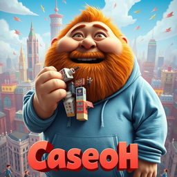 A whimsical and exaggerated movie poster titled 'Caseoh', featuring a large, rotund ginger man wearing a washed-out blue hoodie