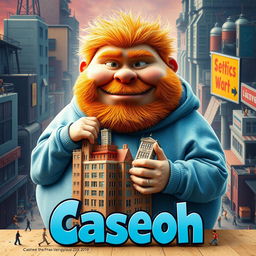 A whimsical and exaggerated movie poster titled 'Caseoh', featuring a large, rotund ginger man wearing a washed-out blue hoodie