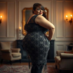 A large woman confidently poses in an elegant lace dress that elegantly highlights her curves, particularly her voluptuous figure