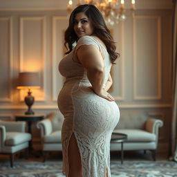 A large woman confidently poses in an elegant lace dress that elegantly highlights her curves, particularly her voluptuous figure