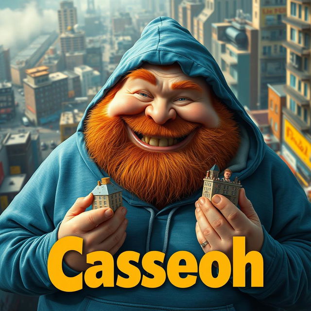 A realistic movie poster titled 'Caseoh', featuring a very large, rotund ginger man with a jovial yet mischievous expression, wearing a washed-out blue hoodie