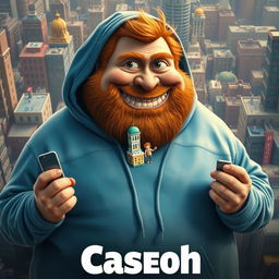 A realistic movie poster titled 'Caseoh', featuring a very large, rotund ginger man with a jovial yet mischievous expression, wearing a washed-out blue hoodie