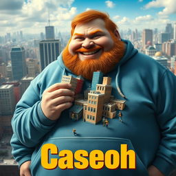 A realistic movie poster titled 'Caseoh', featuring a very large, rotund ginger man with a jovial yet mischievous expression, wearing a washed-out blue hoodie