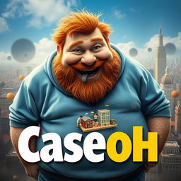 A realistic movie poster titled 'Caseoh', featuring a very large, rotund ginger man with a jovial yet mischievous expression, wearing a washed-out blue hoodie