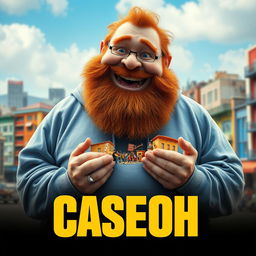 A realistic movie poster titled 'Caseoh', featuring a very large, jovial ginger man with a full beard and a playful expression, dressed in a washed-out blue hoodie