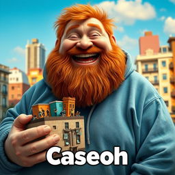 A realistic movie poster titled 'Caseoh', featuring a very large, jovial ginger man with a full beard and a playful expression, dressed in a washed-out blue hoodie