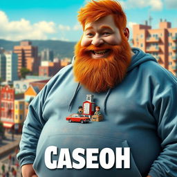 A realistic movie poster titled 'Caseoh', featuring a very large, jovial ginger man with a full beard and a playful expression, dressed in a washed-out blue hoodie