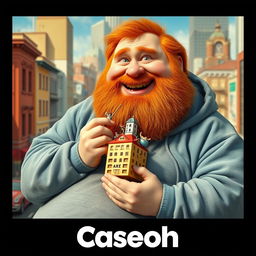 A realistic movie poster titled 'Caseoh', featuring a very large, jovial ginger man with a full beard and a playful expression, dressed in a washed-out blue hoodie