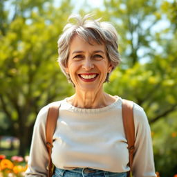 A cheerful middle-aged person, exuding happiness and positivity, standing outdoors in a sunny park